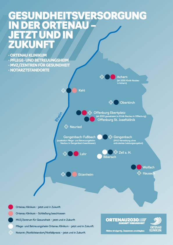 Abbildung: Karte der Ortenau mit Betriebsstellen des Ortenau Klinikums als PDF downloaden